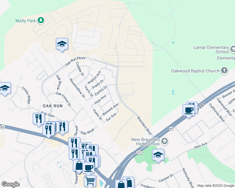 map of restaurants, bars, coffee shops, grocery stores, and more near 391 Borchers Boulevard in New Braunfels