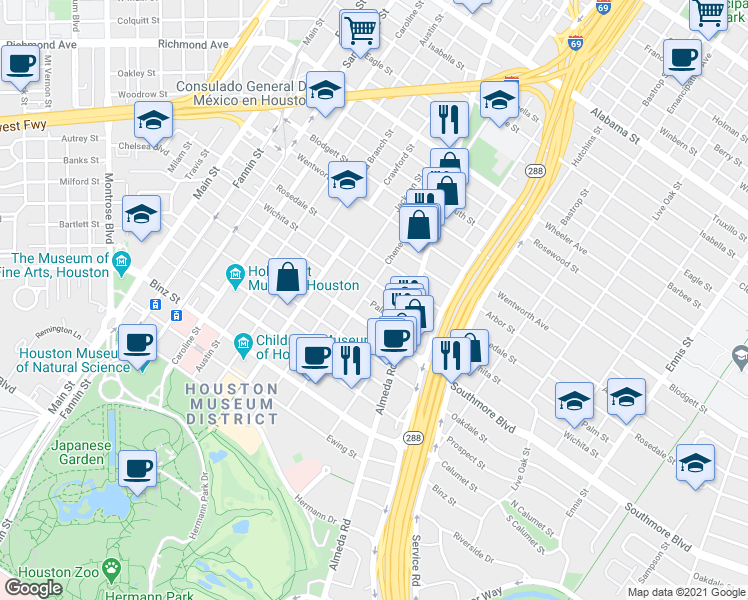 map of restaurants, bars, coffee shops, grocery stores, and more near 1811b Wichita Street in Houston