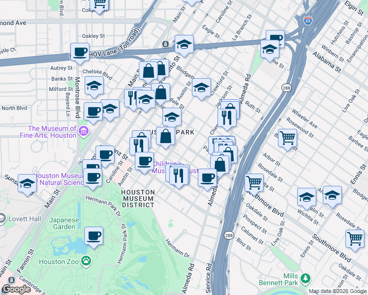 map of restaurants, bars, coffee shops, grocery stores, and more near 1603 Southmore Boulevard in Houston