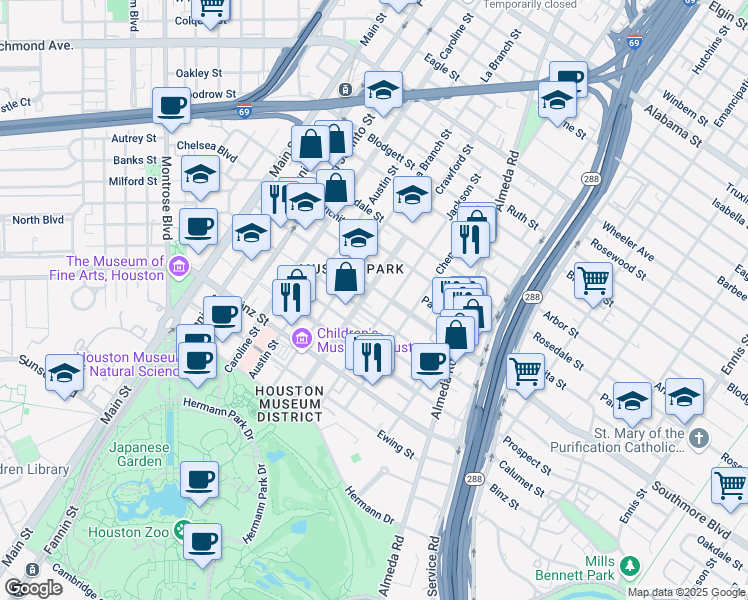 map of restaurants, bars, coffee shops, grocery stores, and more near 1603 Southmore Boulevard in Houston