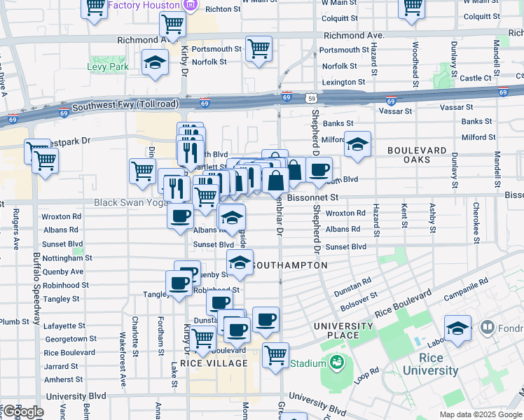 map of restaurants, bars, coffee shops, grocery stores, and more near 2313 Bissonnet Street in Houston