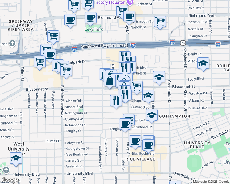 map of restaurants, bars, coffee shops, grocery stores, and more near 2710 Bissonnet Street in Houston
