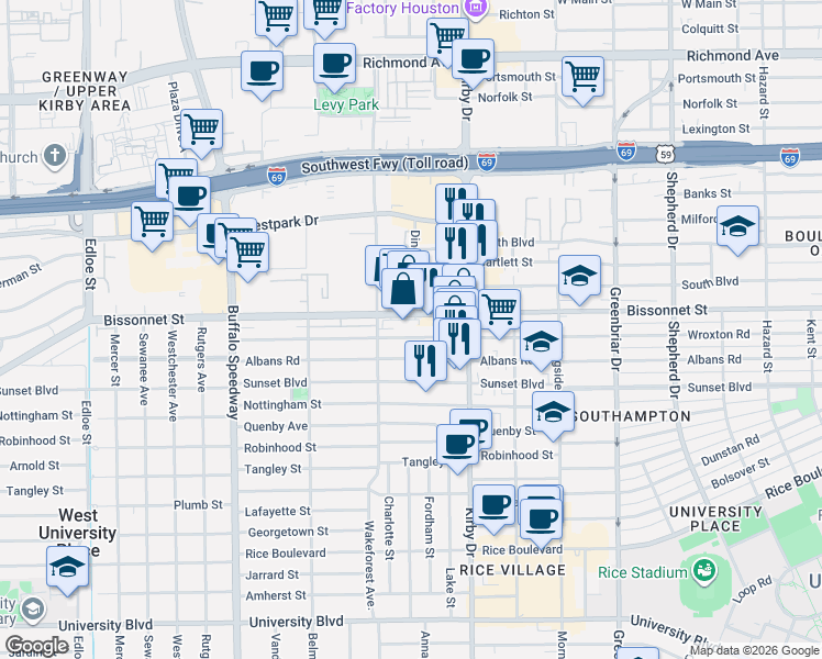 map of restaurants, bars, coffee shops, grocery stores, and more near 2710 Bissonnet Street in Houston