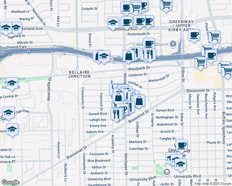 map of restaurants, bars, coffee shops, grocery stores, and more near 4007 Drake Street in Houston