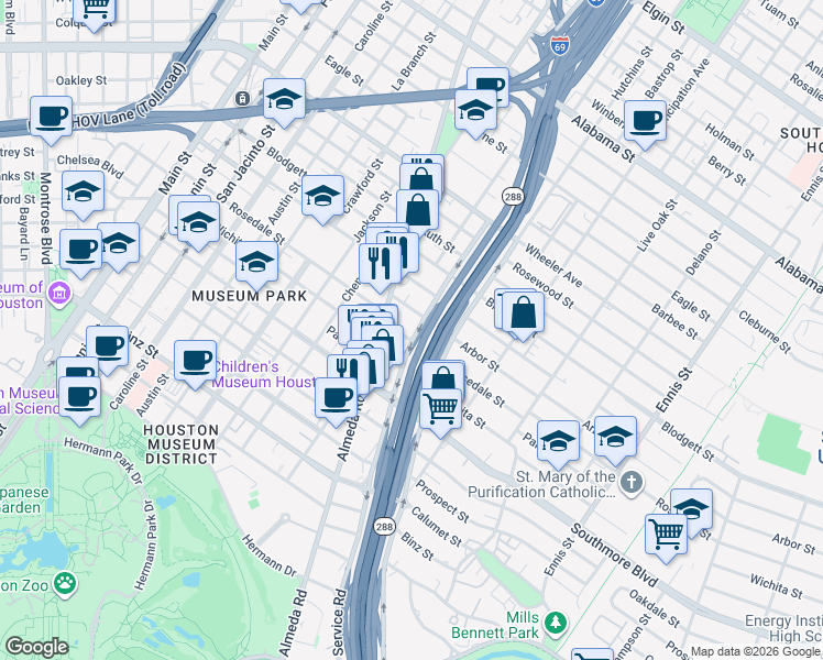 map of restaurants, bars, coffee shops, grocery stores, and more near 4909 Almeda Road in Houston