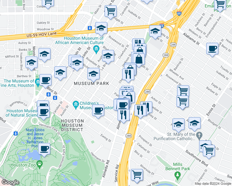 map of restaurants, bars, coffee shops, grocery stores, and more near 1809 Wichita Street in Houston