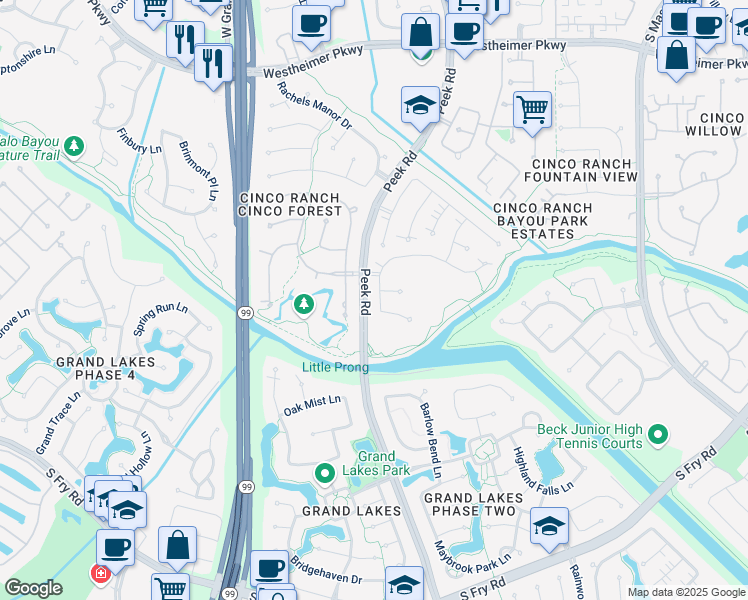 map of restaurants, bars, coffee shops, grocery stores, and more near 4515 Peek Road in Katy