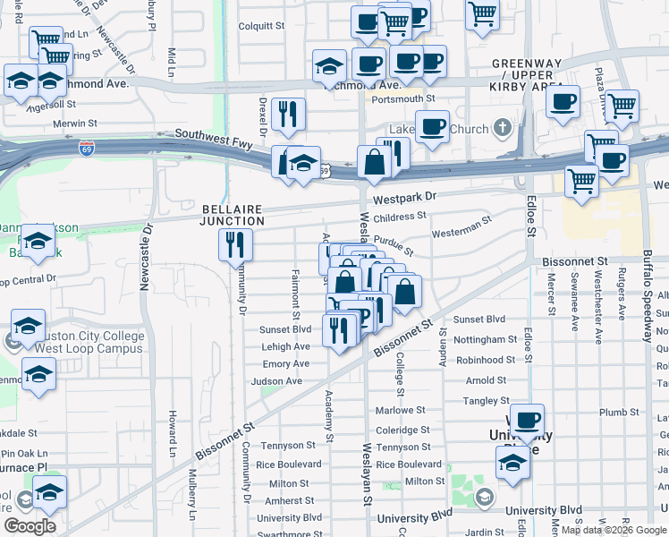 map of restaurants, bars, coffee shops, grocery stores, and more near 4106 Drake Street in Houston