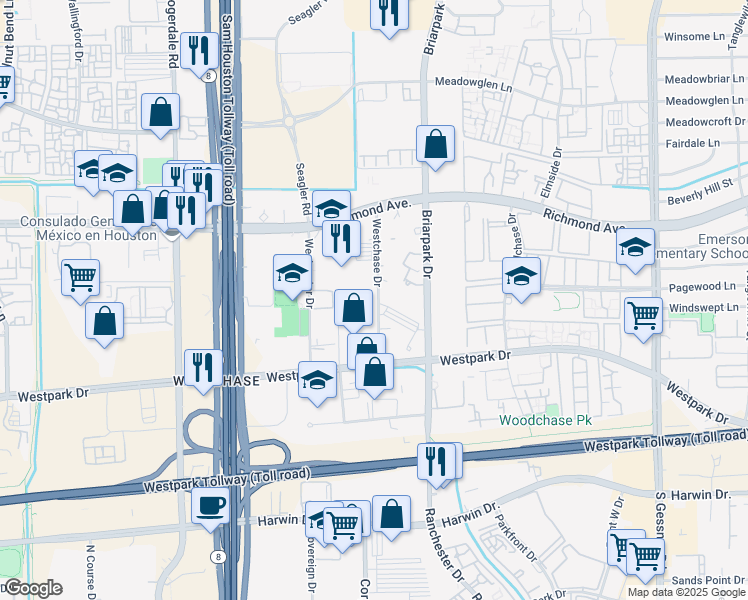 map of restaurants, bars, coffee shops, grocery stores, and more near 3698 Westchase Drive in Houston