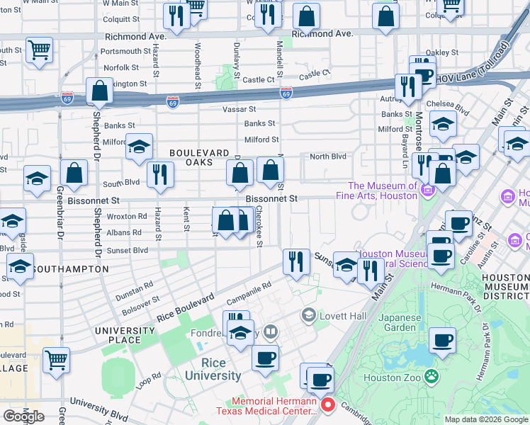 map of restaurants, bars, coffee shops, grocery stores, and more near 5302 Mandell Street in Houston