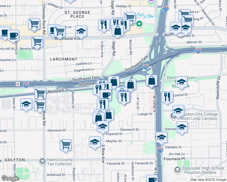 map of restaurants, bars, coffee shops, grocery stores, and more near 5305 South Rice Avenue in Houston