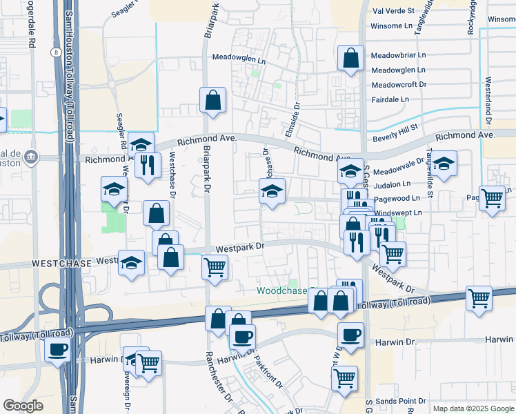map of restaurants, bars, coffee shops, grocery stores, and more near 3600 Woodchase Drive in Houston