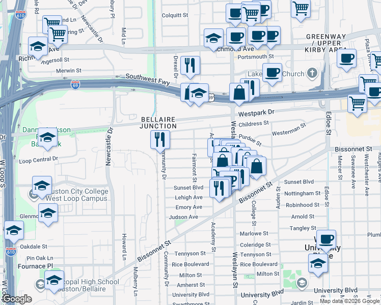 map of restaurants, bars, coffee shops, grocery stores, and more near 4206 Drake Street in Houston