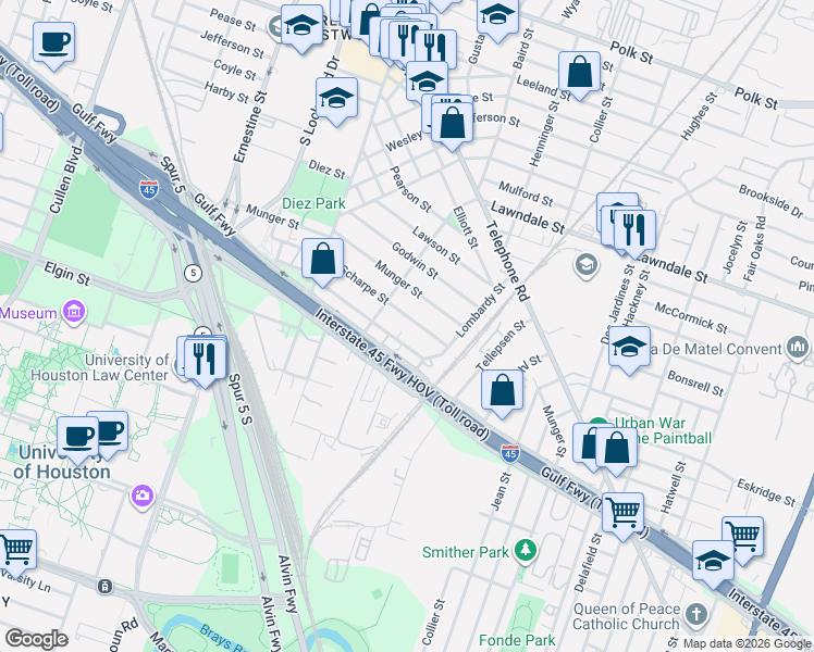 map of restaurants, bars, coffee shops, grocery stores, and more near 1516 Scharpe Street in Houston