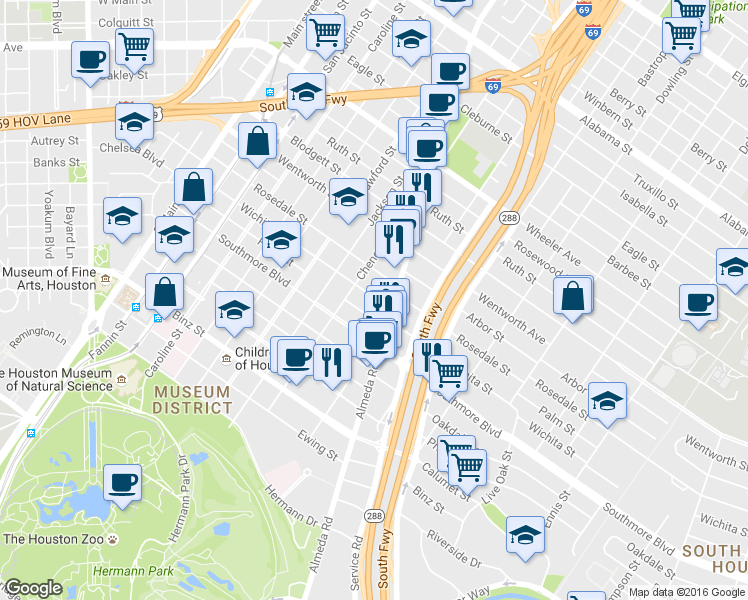 map of restaurants, bars, coffee shops, grocery stores, and more near 1811b Wichita Street in Houston