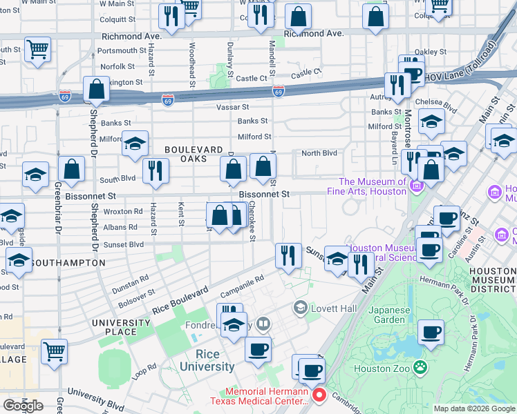 map of restaurants, bars, coffee shops, grocery stores, and more near 5302 Mandell Street in Houston