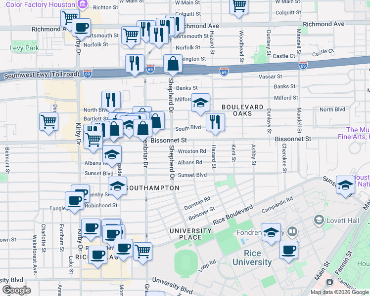 map of restaurants, bars, coffee shops, grocery stores, and more near 2107 Bissonnet Street in Houston