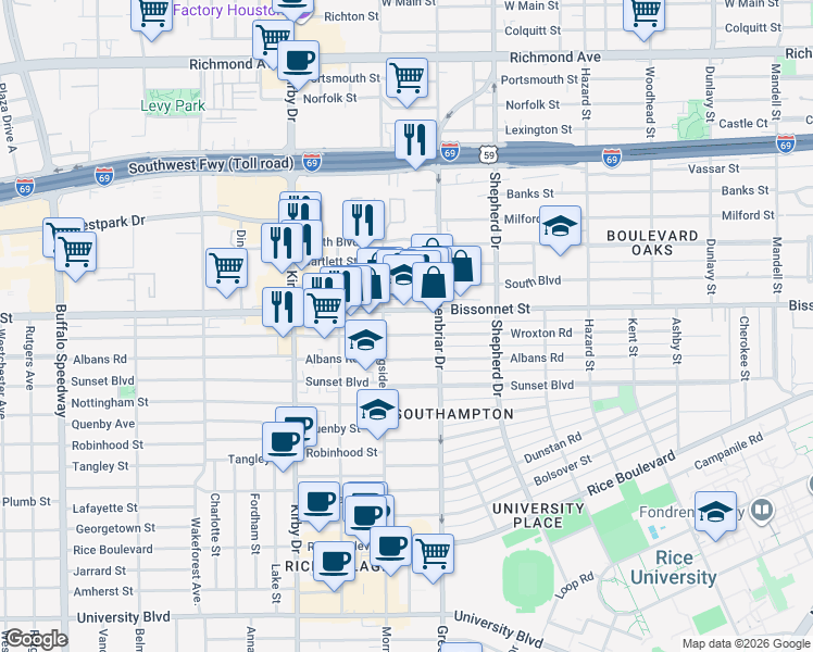 map of restaurants, bars, coffee shops, grocery stores, and more near 2313 Bissonnet Street in Houston