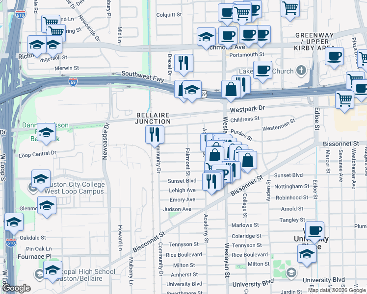 map of restaurants, bars, coffee shops, grocery stores, and more near 4206 Drake Street in Houston