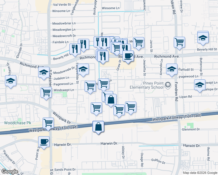 map of restaurants, bars, coffee shops, grocery stores, and more near 9345 Pagewood Lane in Houston