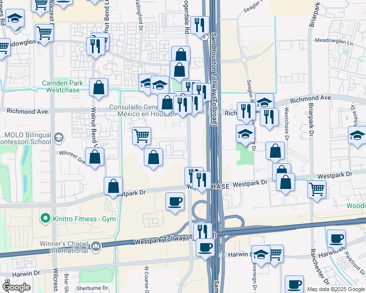 map of restaurants, bars, coffee shops, grocery stores, and more near 3354 Rogerdale Road in Houston