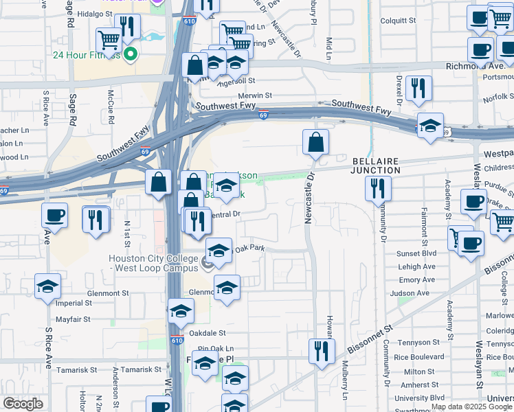 map of restaurants, bars, coffee shops, grocery stores, and more near 4828 Loop Central Drive in Houston