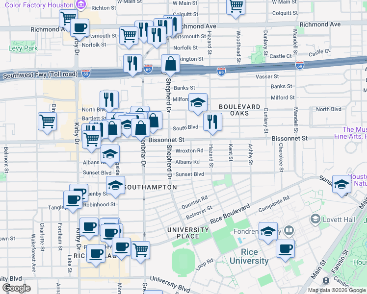 map of restaurants, bars, coffee shops, grocery stores, and more near 2107 Bissonnet Street in Houston