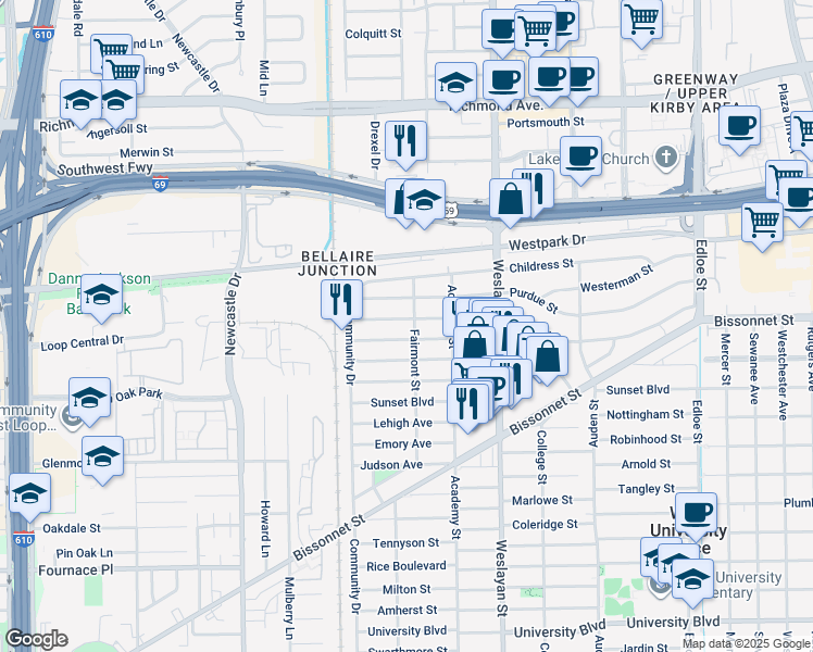 map of restaurants, bars, coffee shops, grocery stores, and more near 4206 Drake Street in Houston