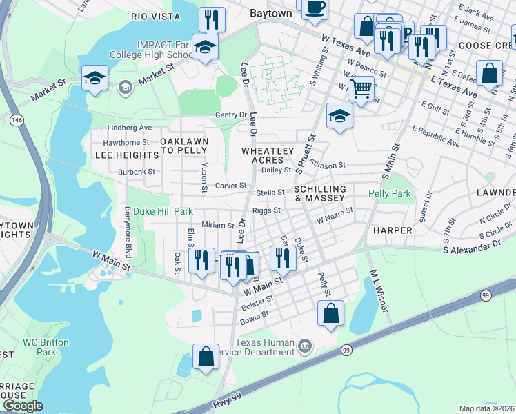 map of restaurants, bars, coffee shops, grocery stores, and more near 615 Stella Street in Baytown