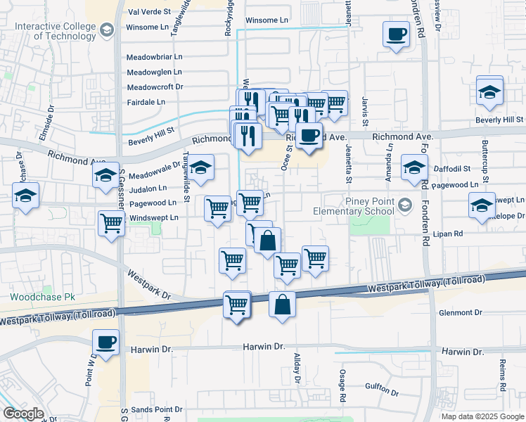 map of restaurants, bars, coffee shops, grocery stores, and more near 9345 Pagewood Lane in Houston