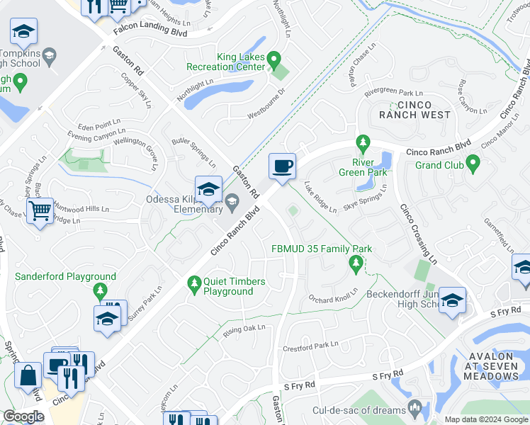 map of restaurants, bars, coffee shops, grocery stores, and more near 26102 Bent Meadow Court in Katy