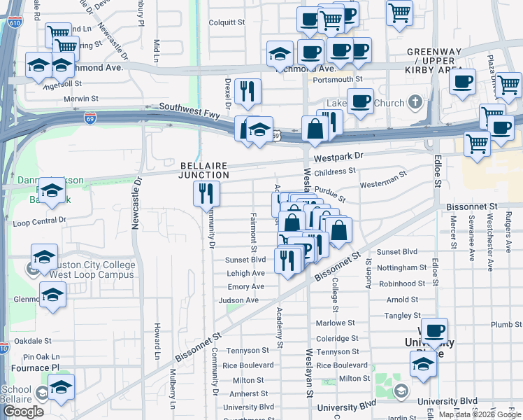 map of restaurants, bars, coffee shops, grocery stores, and more near 4106 Drake Street in Houston