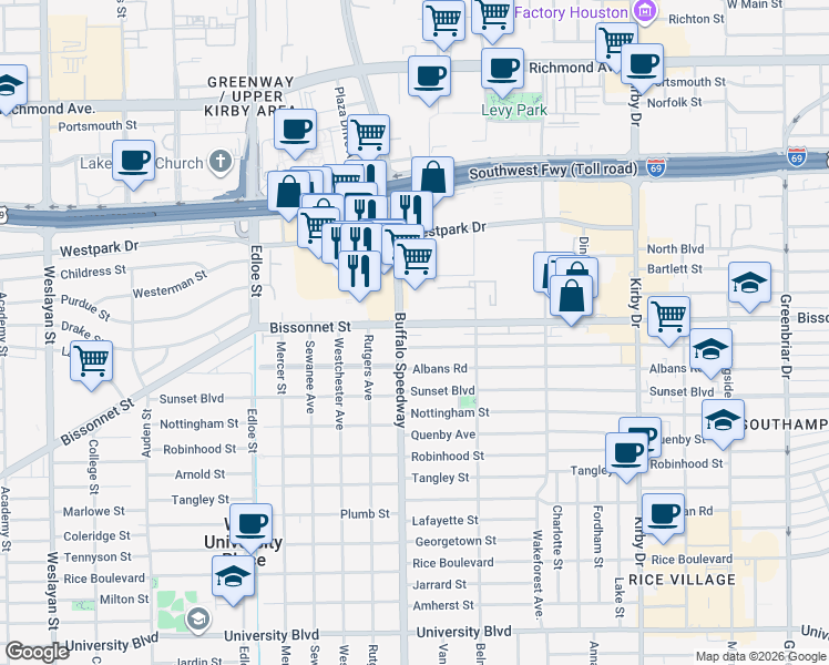 map of restaurants, bars, coffee shops, grocery stores, and more near 5225 Buffalo Speedway in Houston