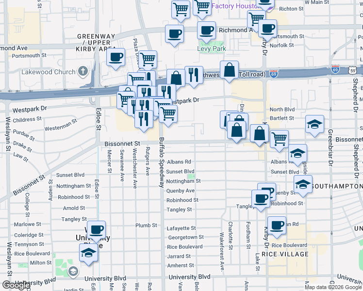 map of restaurants, bars, coffee shops, grocery stores, and more near 3015 Bissonnet Street in Houston