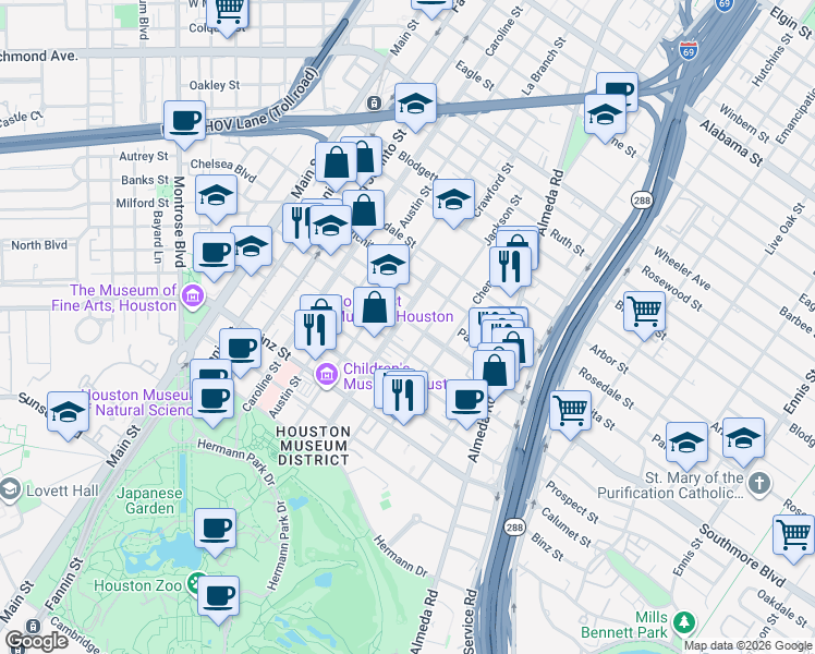 map of restaurants, bars, coffee shops, grocery stores, and more near 1603 Southmore Boulevard in Houston