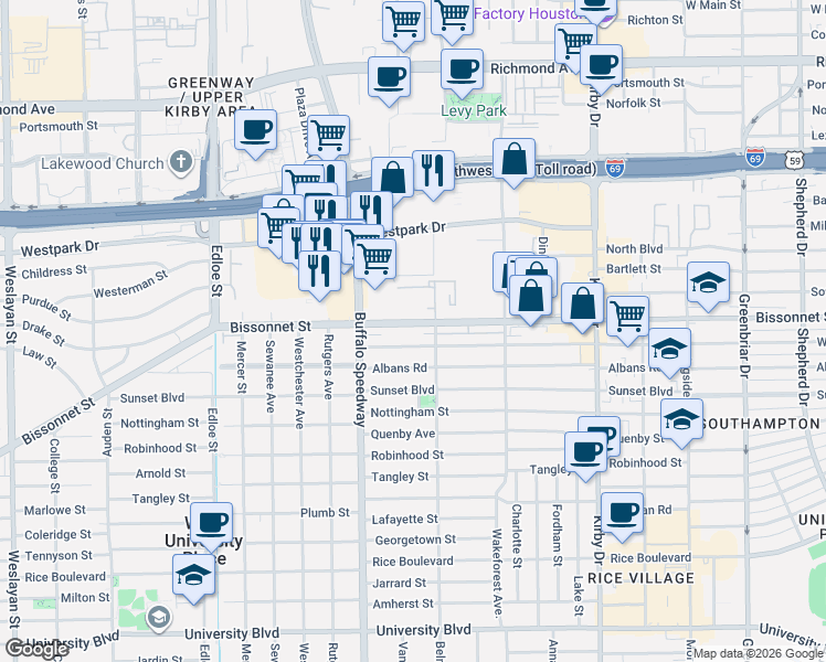 map of restaurants, bars, coffee shops, grocery stores, and more near 3015 Bissonnet Street in Houston