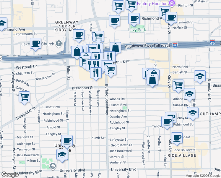 map of restaurants, bars, coffee shops, grocery stores, and more near 5225 Buffalo Speedway in Houston