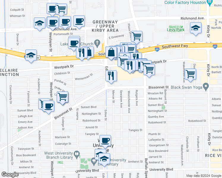 map of restaurants, bars, coffee shops, grocery stores, and more near 3622 Bissonnet Street in Houston