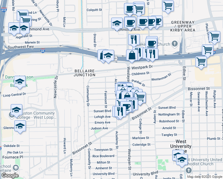map of restaurants, bars, coffee shops, grocery stores, and more near 4106 Drake Street in Houston
