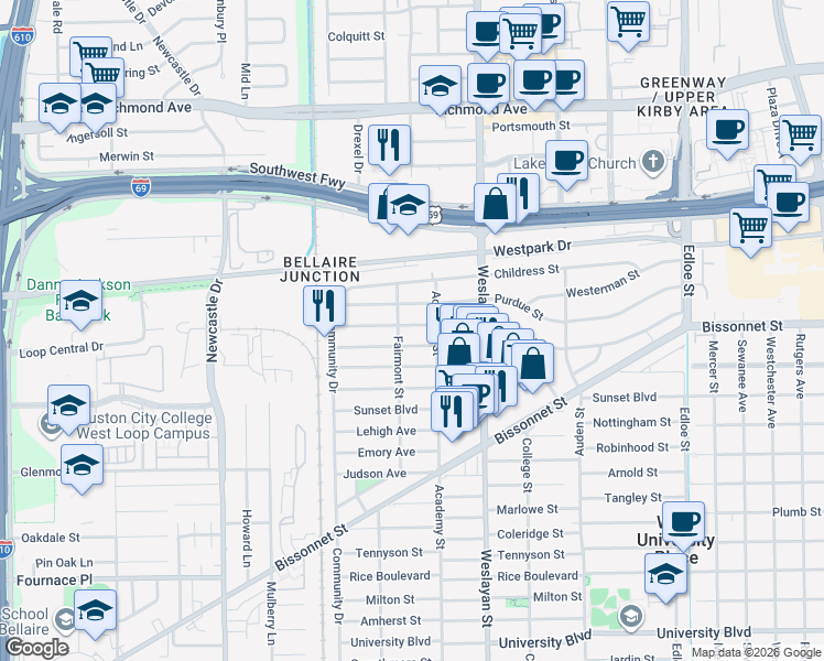 map of restaurants, bars, coffee shops, grocery stores, and more near 4106 Drake Street in Houston