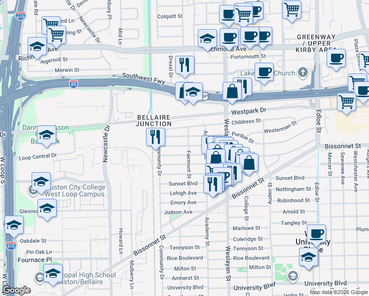 map of restaurants, bars, coffee shops, grocery stores, and more near 4206 Drake Street in Houston