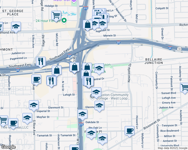 map of restaurants, bars, coffee shops, grocery stores, and more near 4717-4899 Westpark Dr in Houston