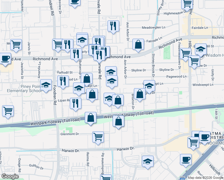 map of restaurants, bars, coffee shops, grocery stores, and more near 8430 Westglen Drive in Houston