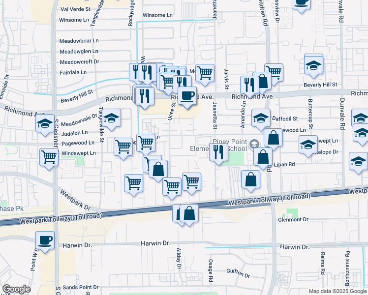 map of restaurants, bars, coffee shops, grocery stores, and more near 9221 Pagewood Lane in Houston