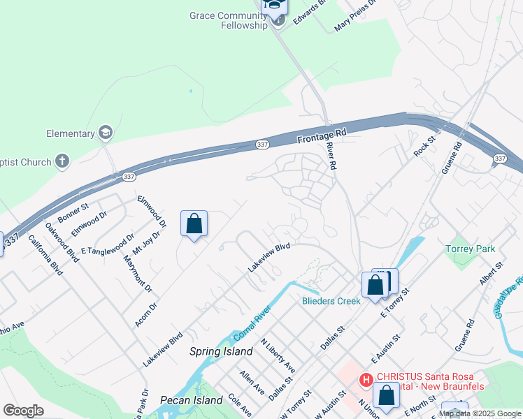 map of restaurants, bars, coffee shops, grocery stores, and more near 692 Acorn Drive in New Braunfels
