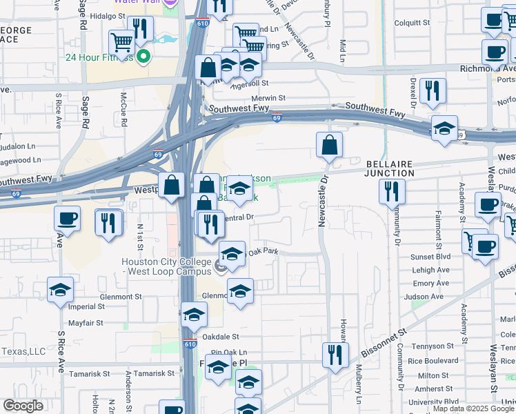 map of restaurants, bars, coffee shops, grocery stores, and more near 4848 Loop Central Drive in Houston