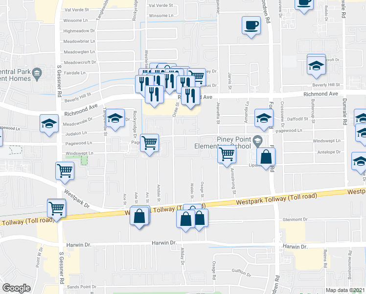 map of restaurants, bars, coffee shops, grocery stores, and more near 9221 Pagewood Lane in Houston