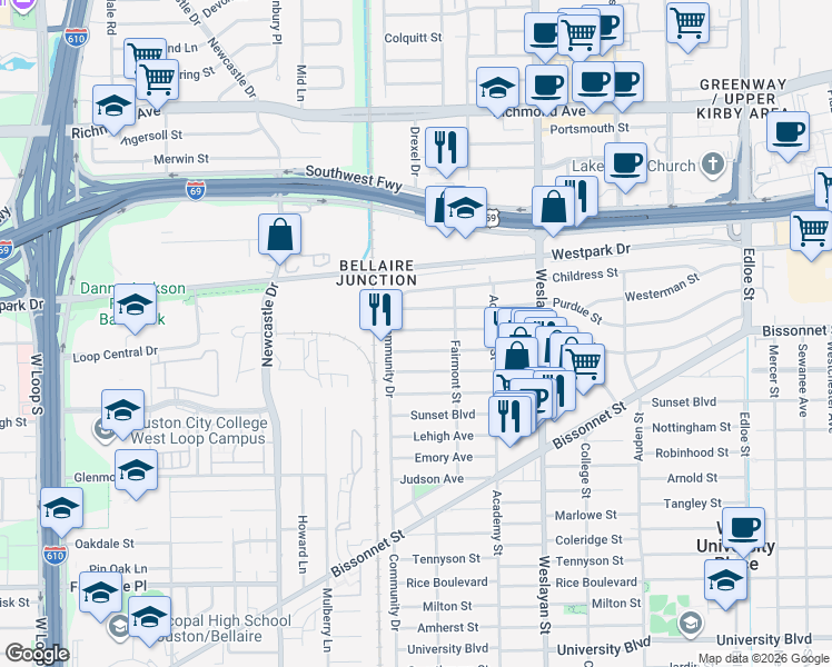 map of restaurants, bars, coffee shops, grocery stores, and more near 4246 Drake Street in Houston