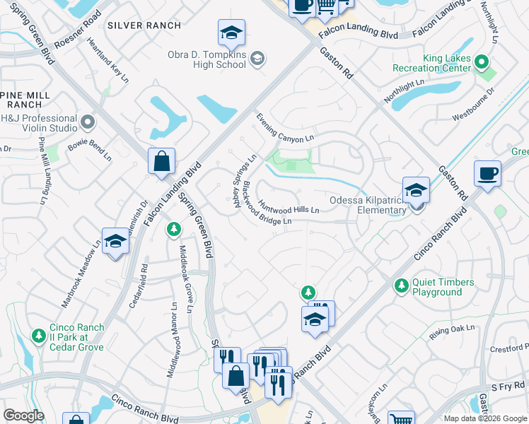 map of restaurants, bars, coffee shops, grocery stores, and more near 4438 Huntwood Hills Lane in Katy