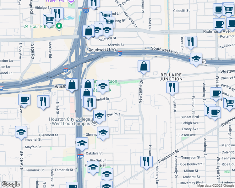 map of restaurants, bars, coffee shops, grocery stores, and more near 4828 Loop Central Drive in Houston